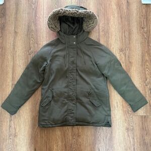 Old Navy Olive Green Faux Fur Trim Hooded Parka Jacket Womens Small Coat‎ Puffer